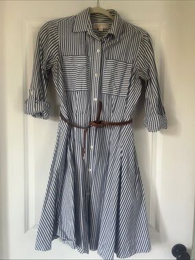 MICHAEL Michael Kors Navy and White Striped Midi Shirt Dress